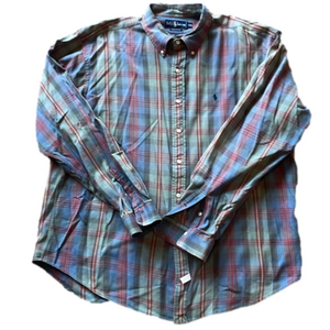 Ralph Lauren Mens XXL Light Blue and Green Plaid Long Sleeve Button Down